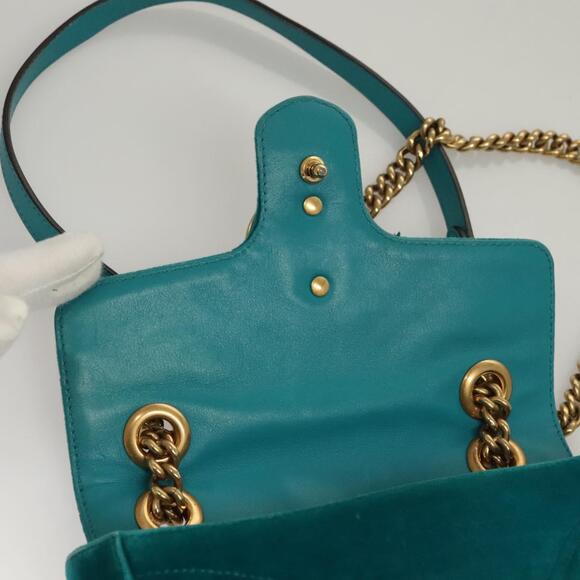 GUCCI GG Marmont Chain Shoulder Bag Velor Turquoise Blue Gold - Picture 15 of 16